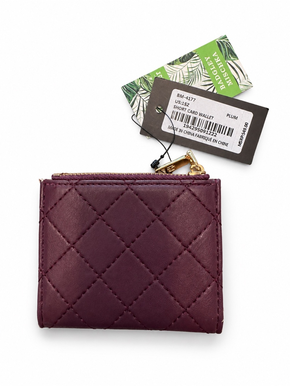 NWT Flawed Badgley Mischka Plum Quilted Vegan Leather Card Wallet - Picture 2 of 3